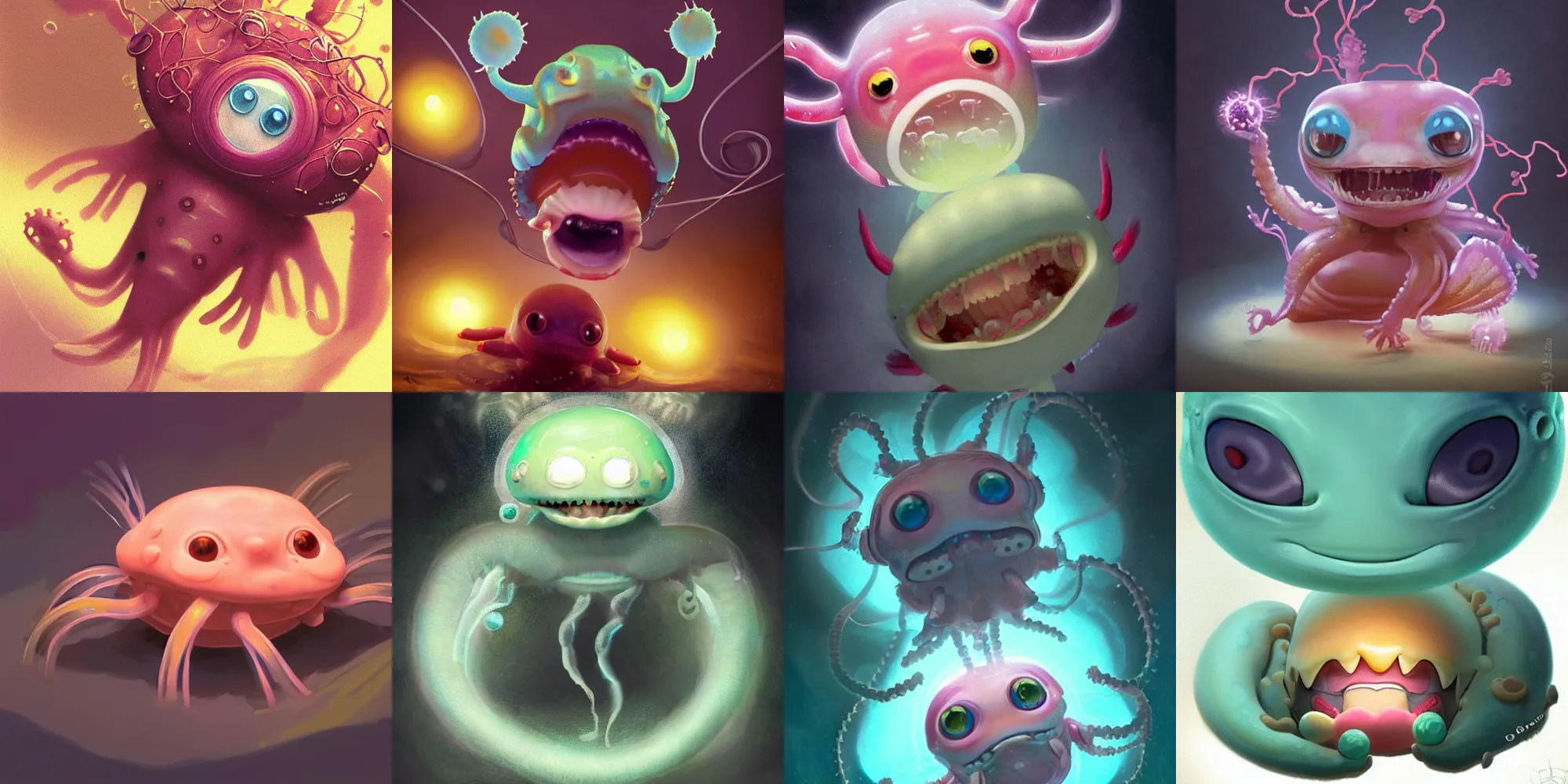 Prompt: cute! baby jelly fish axolotl mechabot, wires, SSS, wrinkles, grin, rimlight, dancing, fighting, bioluminescent screaming pictoplasma game art character design toydesign toy monster creature, artstation, cg society, by greg rutkowski, by William-Adolphe Bouguereau, by zdzisław beksiński, by Peter mohrbacher, by nate hallinan, 8k