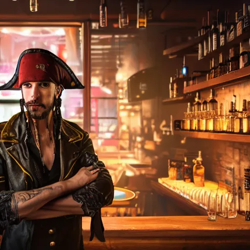 Image similar to high quality portrait of a pirate bartender in a cyberpunk cyberpunk cyberpunk cafe, realism, 8k, award winning photo