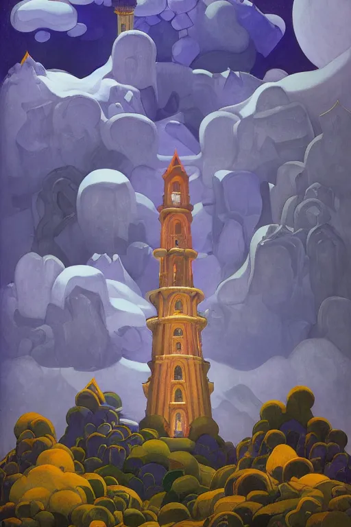 Image similar to view of the wizard's tower in its gardens after a storm, tall windows lit up, beautiful ornamental architecture, dramatic cinematic lighting, rich colors, by Nicholas Roerich and William Dyce and April Gornik and Sylvain Sarrailh and Ludwig Deutsch and Diego Rivera, featured on artstation