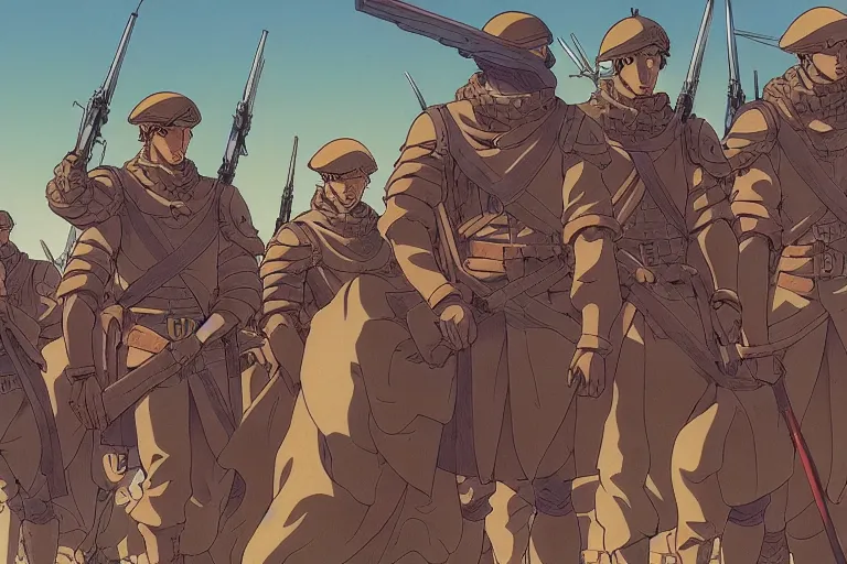 Image similar to cel shaded study of a group of soldiers in a late renaissance city, key visual with intricate linework, in the style of moebius, ayami kojima, 90's anime, retro fantasy