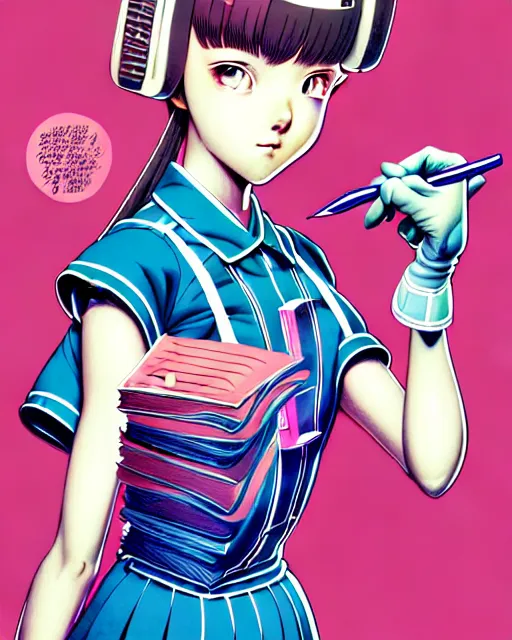 Prompt: a richly detailed color  illustration depicting a pretty teenage secret android woman as a snobby prep highschool student surrounded by beautiful cursive writing while she does maintenance on the machinery in her head, large format image. illustrated by Artgerm and Mina Petrovic and Range Murata. 3D shadowing.