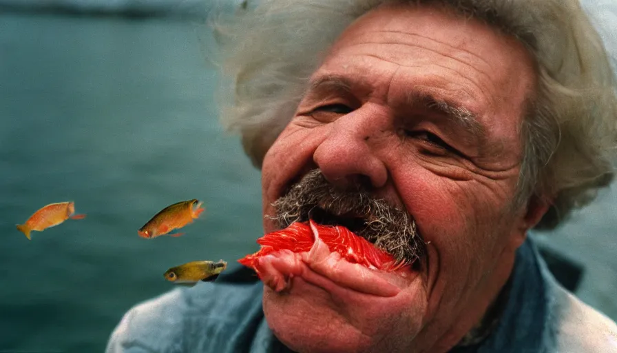 Image similar to 7 0 s movie still portrait of an old man. his mouth is full of fish. cinestill 8 0 0 t 3 5 mm technicolor, heavy grain, high quality, high detail