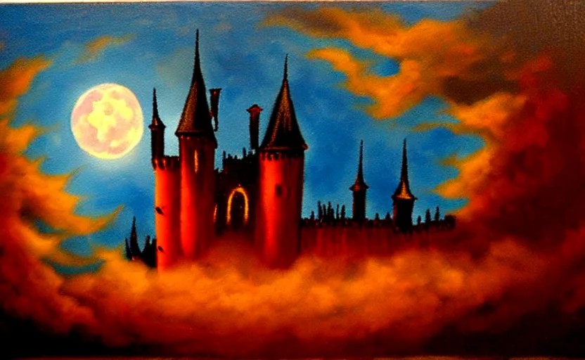 Image similar to red oil painting, full moon, french gothic burning! castle, fog!! clouds!! bats flying away from castle, blur, bokeh,