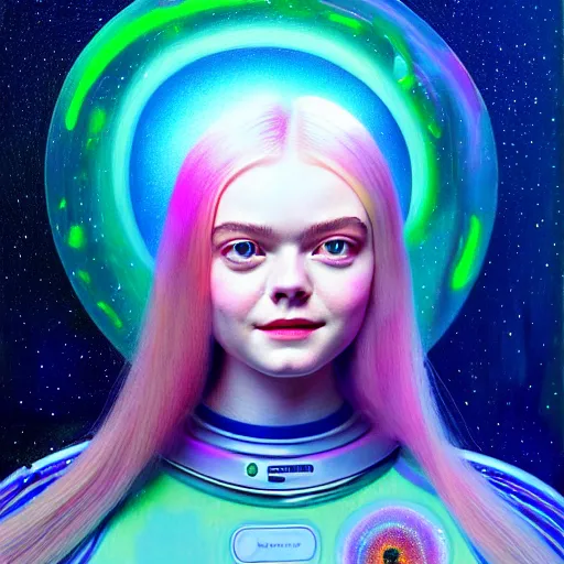 Image similar to portrait of a elle fanning wearing a spacesuit made of bioluminescent jellyfish in outer space, detailed realism face in painting, detailed beautiful portrait, oil painting masterpiece, 8 k resolution, smooth, sharp focus, trending on artstation, by bruce pennington