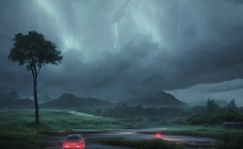 Prompt: A landscape with a thunderstorm, Low level, rendered by Beeple, Makoto Shinkai, syd meade, simon stålenhag, environment concept, synthwave style, digital art, unreal engine, WLOP, trending on artstation, 4K UHD image, octane render,