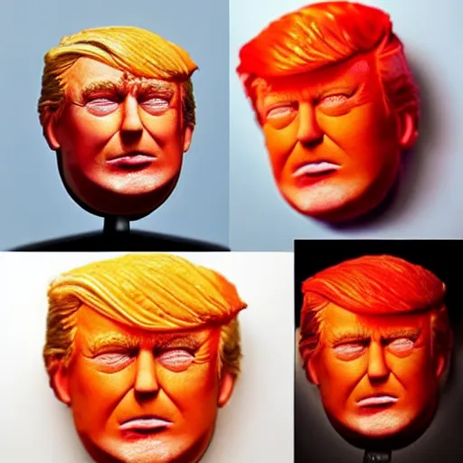 Prompt: edible donald trump made step by step : 1 ) face is made of orange pieces 2 ) hair is made of shredded lemon skin 3 ) suit is made of blueberries and whipped cream 4 ) fine details are filled in using sprinkles, from the beautiful'food art collection ', dslr