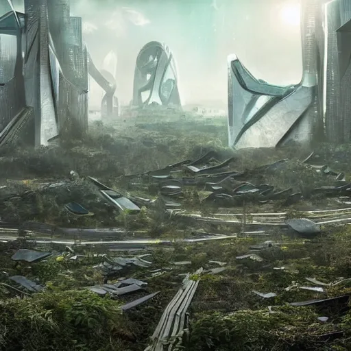 Image similar to future city covered by forest, trees, plant, broken buildings, doom of the gods, monster, gravity mess, star trek, glory war, photograph, cinematic matte painting, zaha hadid building, photo realism, desolate glacial landscape