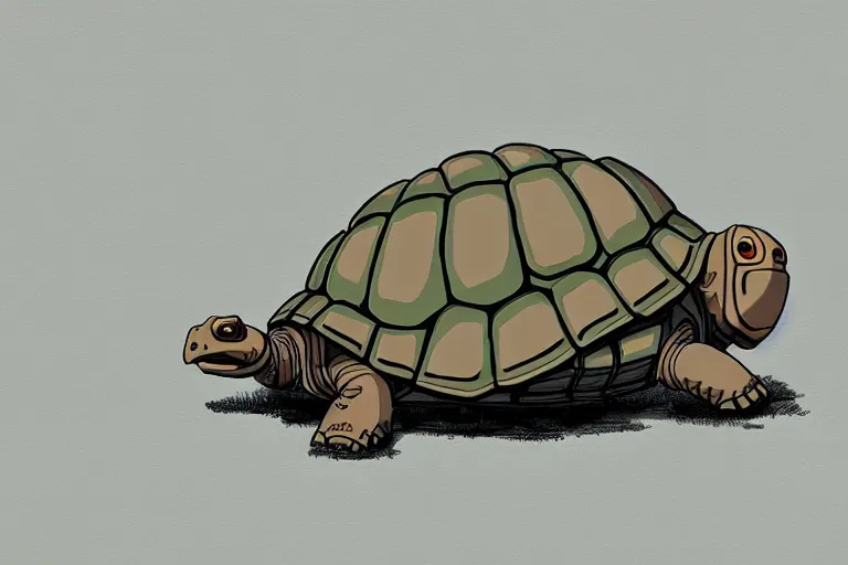 Prompt: a study of a cell shaded cartoon of a grey mechanized tortoise from howl's moving castle ( 2 0 0 4 ), crossing a stream, full body, wide shot, very muted colors, post grunge, studio ghibli, laurie greasley, highly detailed, deviantart, art by artgem