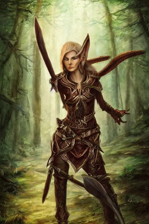 Image similar to Epic painting of a fierce female elven warrior blessed by the light of the forest