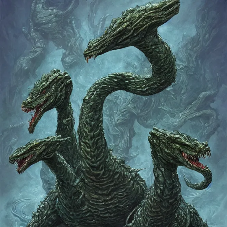 Prompt: two - headed hydra of lerna, jim carey as lloyd christmas and jeff daniels as harry dunne ( from dumb and dumber ), serpentine water monster, aquatic, d & d, fantasy, portrait, highly detailed, digital painting, trending on artstation, concept art, sharp focus, illustration, art by artgerm and greg rutkowski and magali villeneuve