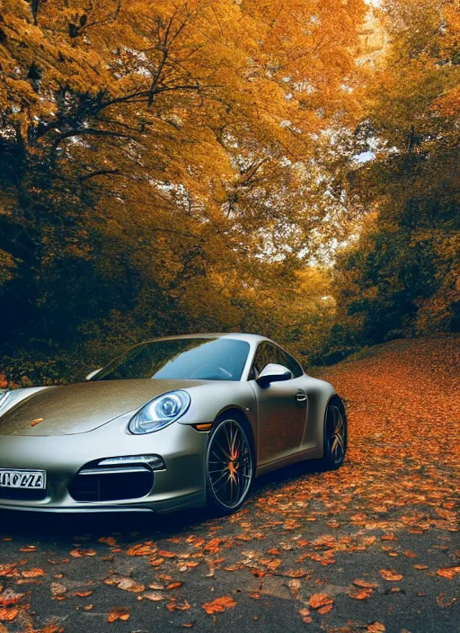 Image similar to photo of a porsche driving through autumn leaves, cinematic lighting, anti aliasing