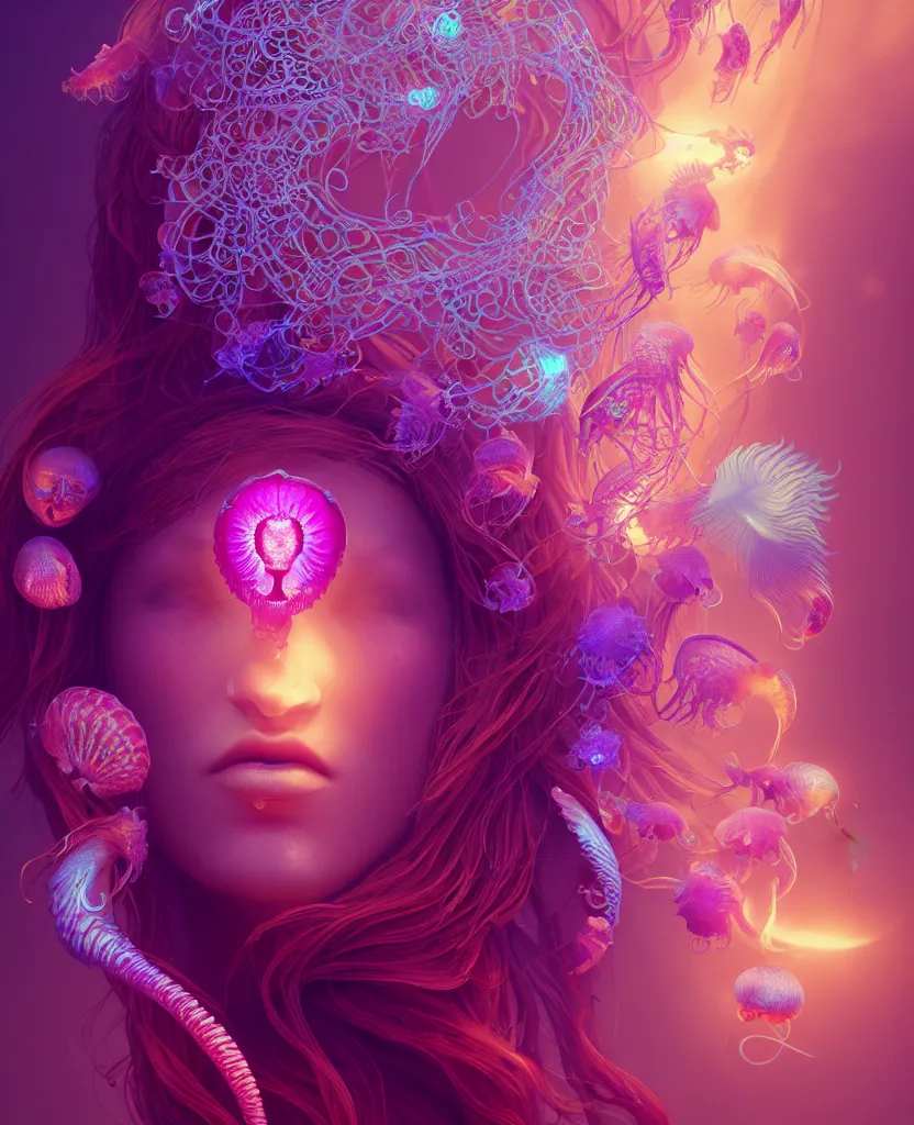 Image similar to goddess close-up portrait. orchid jellyfish phoenix head, nautilus, skull, betta fish, bioluminiscent creatures, intricate artwork by Tooth Wu and wlop and beeple. octane render, trending on artstation, greg rutkowski very coherent symmetrical artwork. cinematic, hyper realism, high detail, octane render, 8k