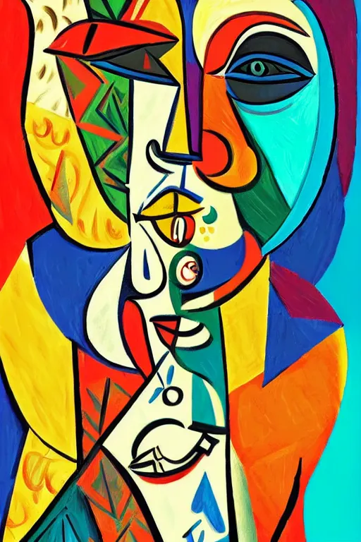 Prompt: colorful illustration of picasso style art, artistic, eclectic, highly detailed, digital painting, concept art, smooth, sharp focus, illustration, art by picasso