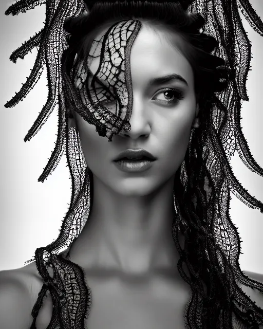 Image similar to surreal mythical dreamy artistic black and white fine art photo of a beautiful young female queen - medusa - cyborg covered with lace fish scales and translucent algae, highly detailed, intricate crystal ivy lace jelly fish scales ornate, poetic, octane render, 8 k, photo - realistic