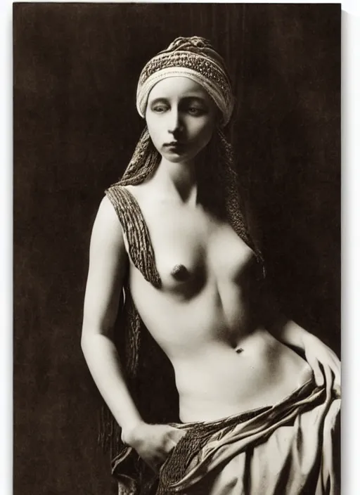 Image similar to portrait of young woman in renaissance dress and renaissance headdress, art by edward weston