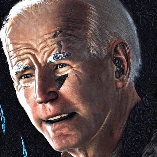 Image similar to closeup portrait biden in dante's inferno painting, crows, crosses, dark beauty, rotten gold, perfect faces, extremely detailed, cinema 4 d, unreal engine.