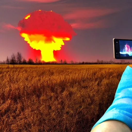 Image similar to selfie, radiation eats a ukrainian alive selfie a second before death, against the backdrop of a huge nuclear explosion from which the skin has already burned to the bone