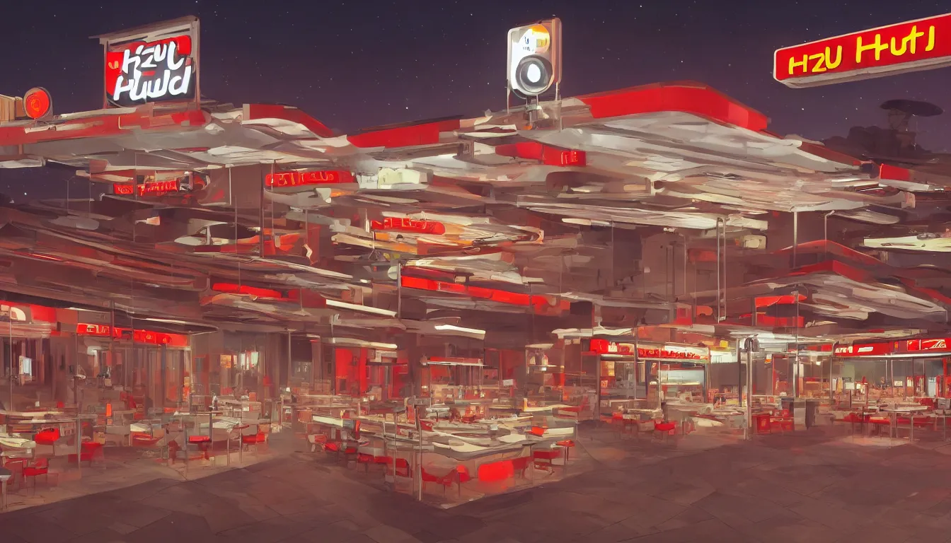 Image similar to futuristic Pizza Hut at night, trending on artstation