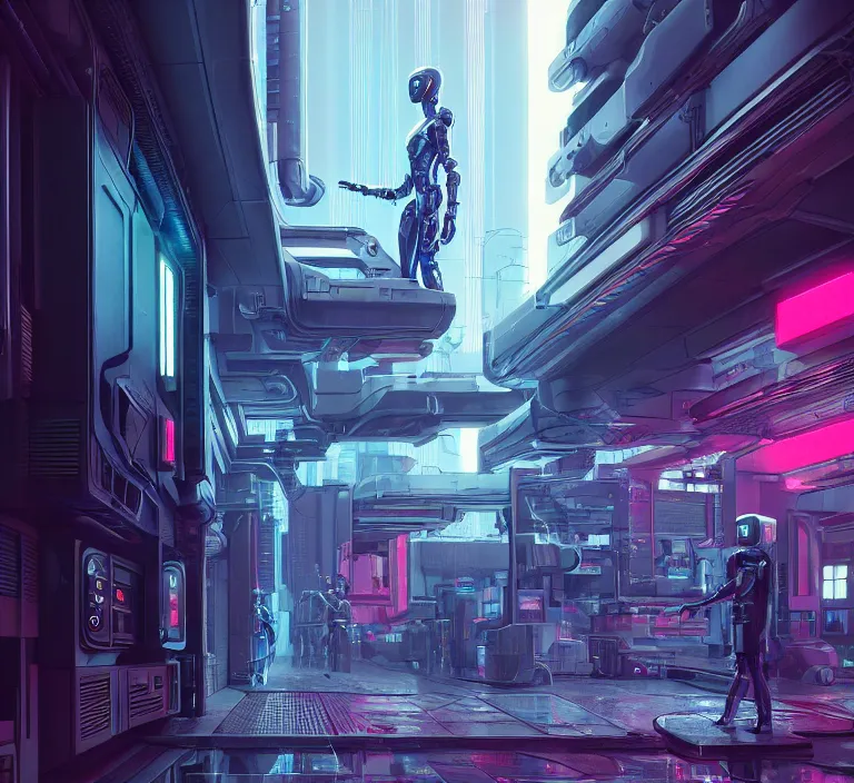 Prompt: hyperrealism stock photography of highly detailed stylish robot in cyberpunk sci - fi style by gragory crewdson and vincent di fate, mike winkelmann with many details by josan gonzalez working at the highly detailed data center by mike winkelmann and laurie greasley hyperrealism photo on dsmc 3 system rendered in blender and octane render