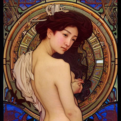 Image similar to detailed portrait art nouveau painting of Ashley Liao as the goddess of the sun, with anxious, piercing eyes, by Alphonse Mucha, Michael Whelan, William Adolphe Bouguereau, John Williams Waterhouse, and Donato Giancola