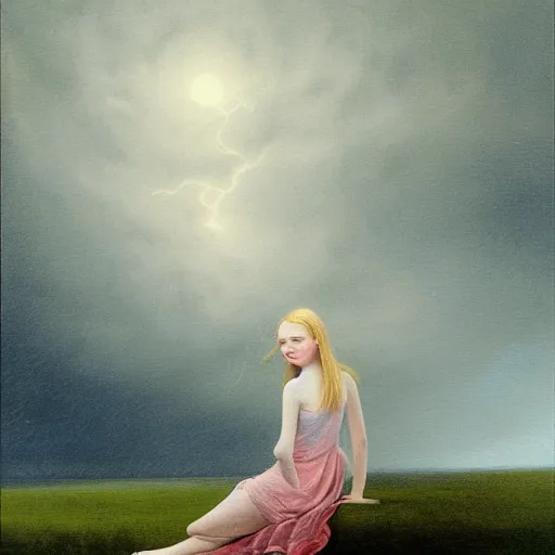 Image similar to Elle Fanning at night, stormy weather, extremely detailed masterpiece, illustration, by Michael Sowa,