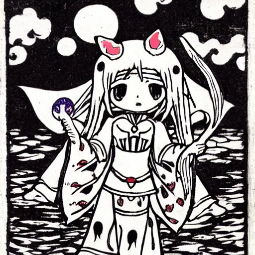 Prompt: Kyubey from Madoka Magica in the style of Japanese and European woodcuts