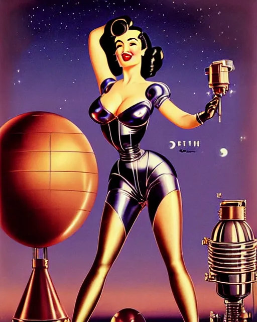 Image similar to closeup beautiful retro space dita von teese posing with a chrome robot in diesel punk city at night, pinup, windblown dark hair, seductive, hyper detailed, digital art, smooth, sharp focus, gil elvgren, anna dittmann alberto vargas, 1 9 5 0, when mars attacks