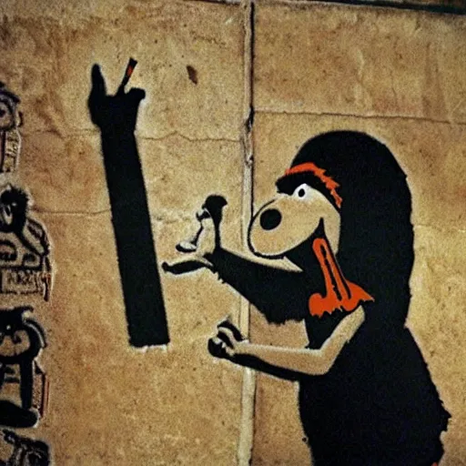 Image similar to banksy graffiti on cursed ancient egyptian tomb, sesame street 1 9 7 8