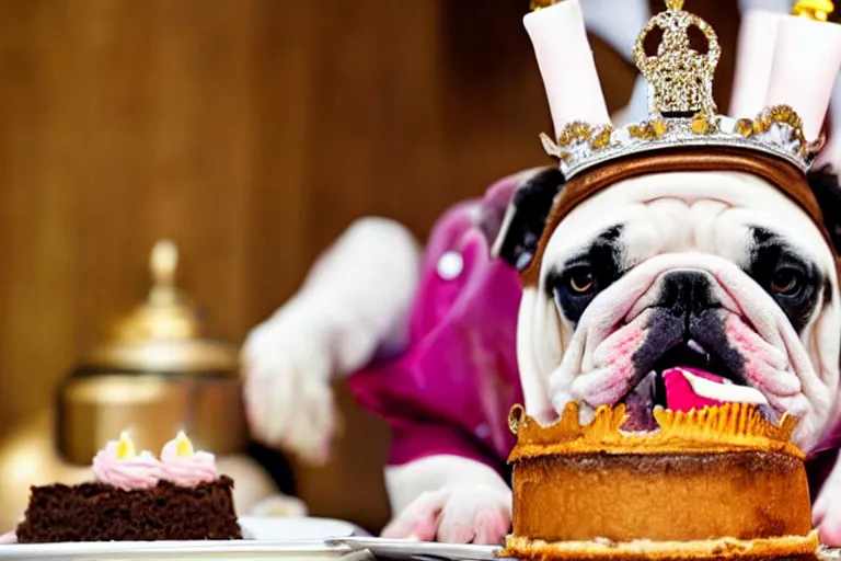 Prompt: an english bulldog wearing a crown and eating cake