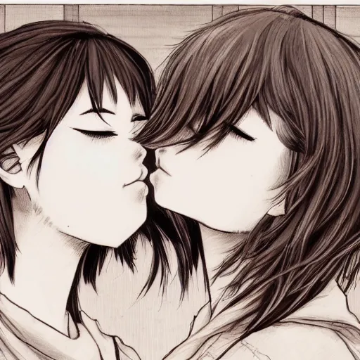 Image similar to portrait of two girls kissing, detailed manga art