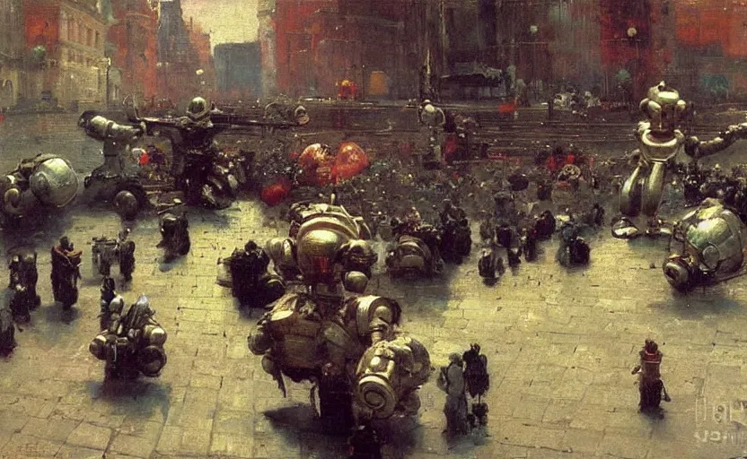 Image similar to high quality high detail painting by ilya repin, robots taking over the city, hd