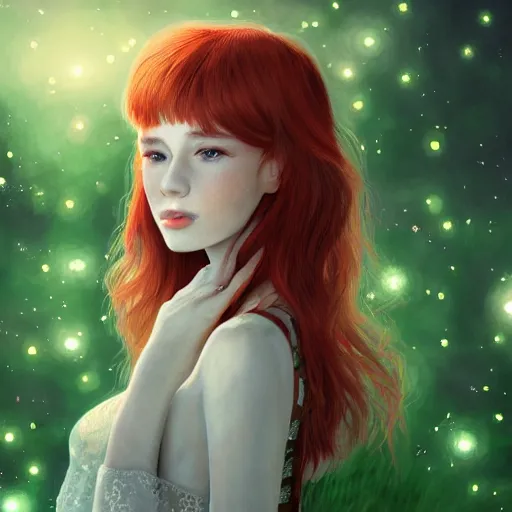 Prompt: red haired girl, among fireflies, pale gentle face, green eyes, highly detailed intricate romantic outfit, sharp, 8 k ultra realistic illustration, digital art by sakimichan, trending on artstation