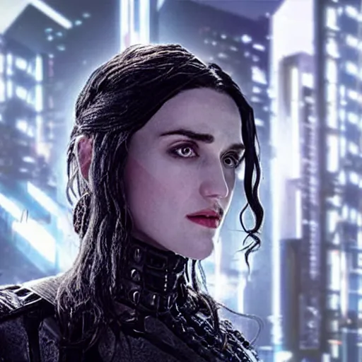 Image similar to Katie McGrath as Cyberpunk Morgana