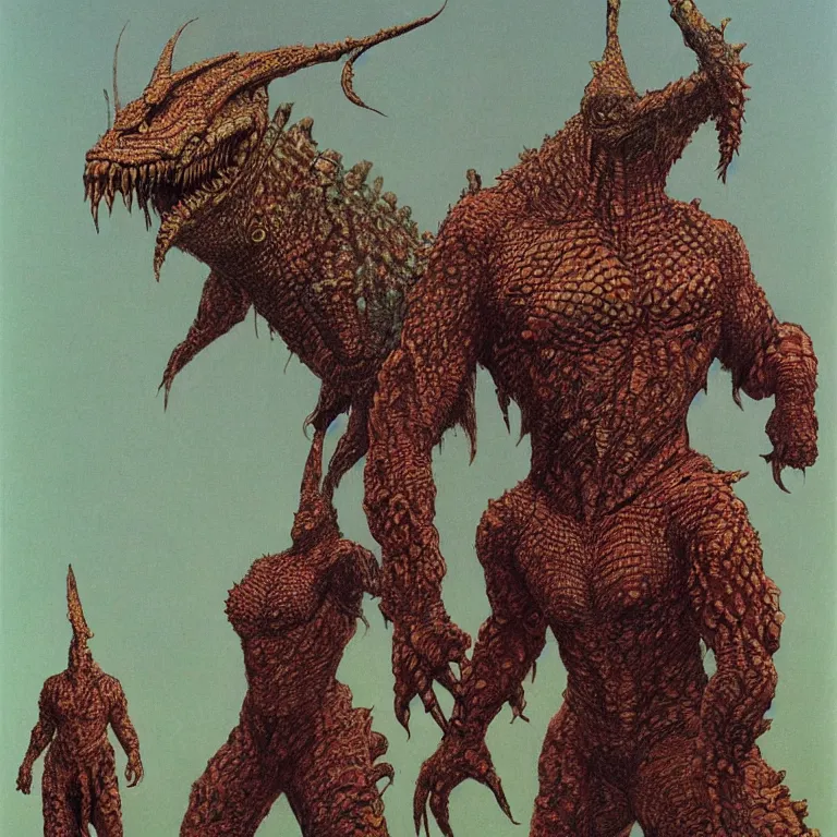 Image similar to a full body portrait of lizardman warrior concept, tribal, portrait by beksinski and moebius, background by moebius