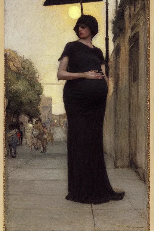 Image similar to pregnant woman under street light by john william waterhouse and Edwin Longsden Long and Theodore Ralli and Nasreddine Dinet