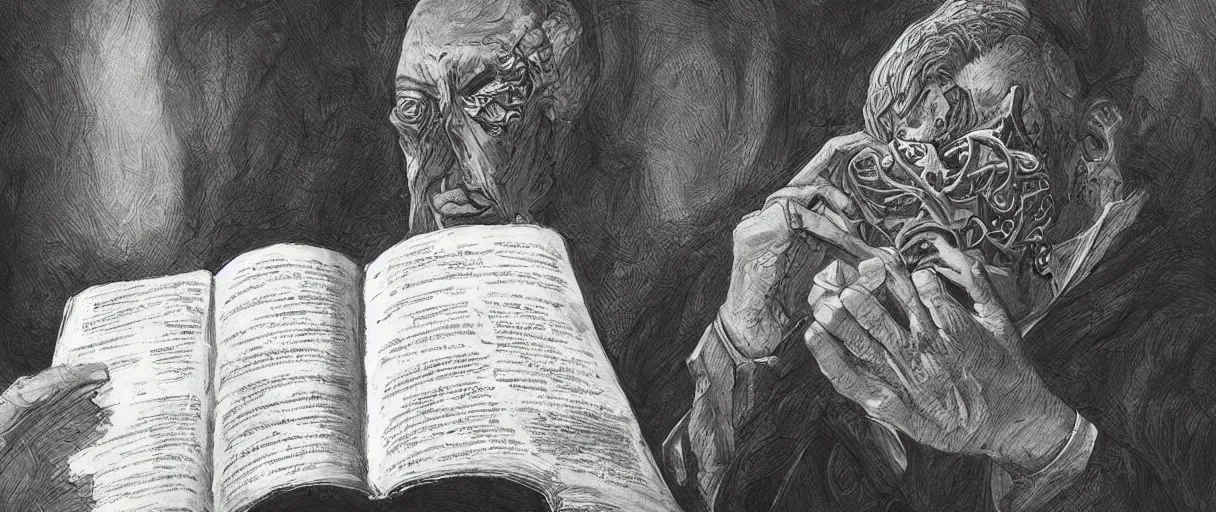 Image similar to “ a extremely detailed stunning portraits of hp lovecraft reading necronomicon by allen william on artstation ”