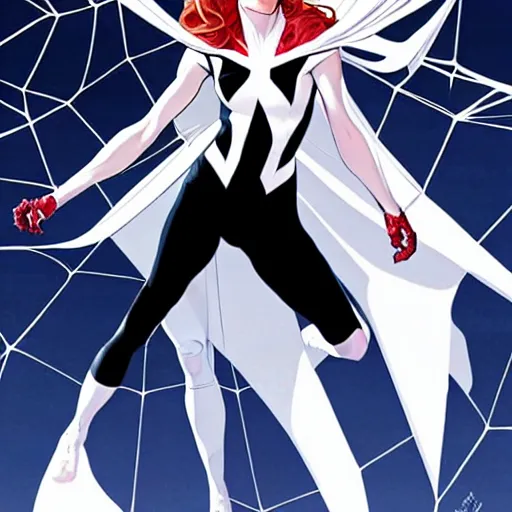 Image similar to Joshua Middleton comic cover art, cinematics lighting, pretty Emma Stone as Spider Gwen symmetrical face, Marvel comics, hanging from white web, playful smirk, city in background