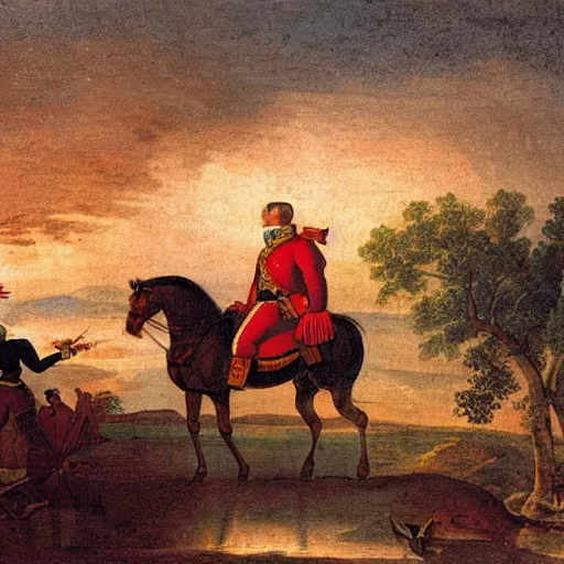 Image similar to a 1 8 th century painting of napoleon riding a horse with sunset in venice