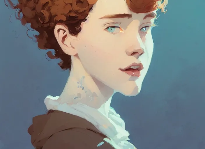 Image similar to portrait woman with short ginger curly hair in the crowd, by atey ghailan, by greg rutkowski, by greg tocchini, by james gilleard, by joe fenton, by kaethe butcher, by ashley wood, dynamic lighting, gradient light blue, brown, blonde cream and white color scheme, grunge aesthetic