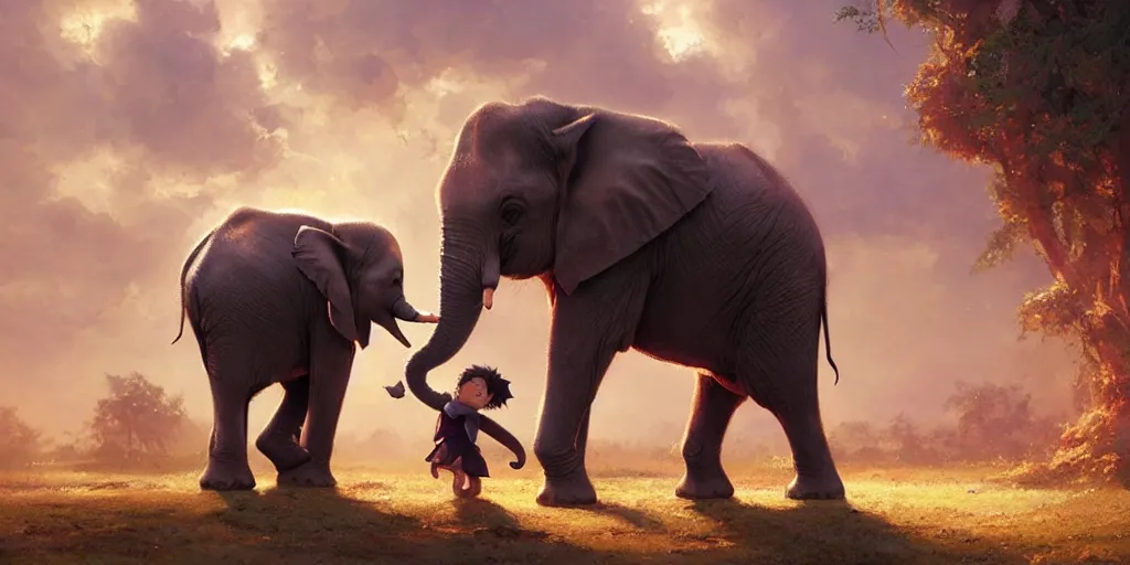 Image similar to a wholesome cute baby elephant, medium shot, waist up, studio ghibli, pixar and disney animation, sharp, anime key art by greg rutkowski, by craig mullins, bloom, dramatic lighting