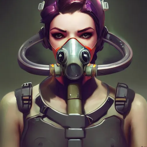 Image similar to overwatch widowmaker wearing a cyber gas mask, digital art, pretty face, very beautiful face, very detailed eyes, ultra detailed, by wlop, greg rutkowski,