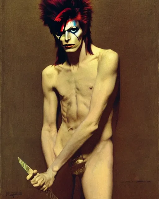 Image similar to david bowie as ziggy stardust by jean auguste dominique ingres, labyrinthine, sacred, mystical