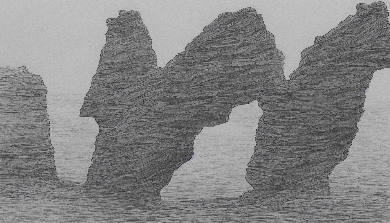 Prompt: ocean cliffs by Moebius, minimalist, detailed, black and white drawing