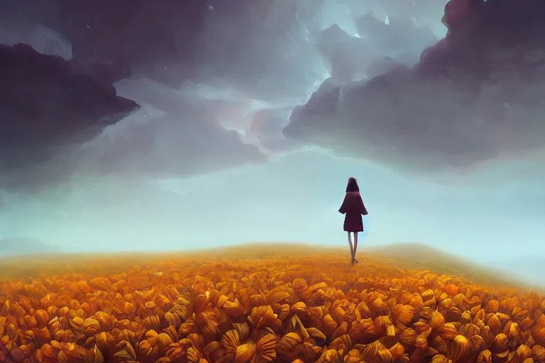 Image similar to giant dahlia flower as a head, girl walking on mountain, surreal photography, stars, dramatic light, impressionist painting, storm clouds, digital painting, artstation, simon stalenhag