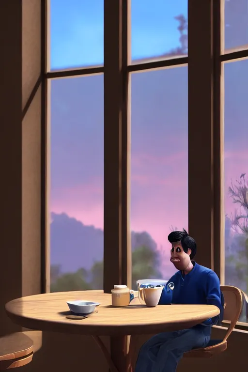 Prompt: a man sitting on a café table mext to a window and holding a cup of coffee at sunset, Pixar style, black hair, 4K, cartoon, concept art, octane render, unreal engine 5, path tracing, complementary colours, serene scene, warm, cute, natural lighting, high quality, highly detailed, high coherence, defined face, five fingers, anatomically correct, soft lighting, close view, digital art, trending on DeviantArt