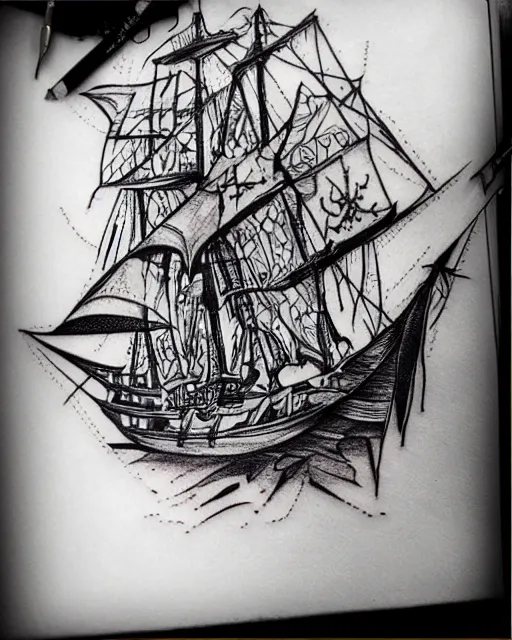 Prompt: A tattoo design sketch of a realistic pirate ship, on paper, black and white, highly detailed, realistic tattoo, trending on pinterest