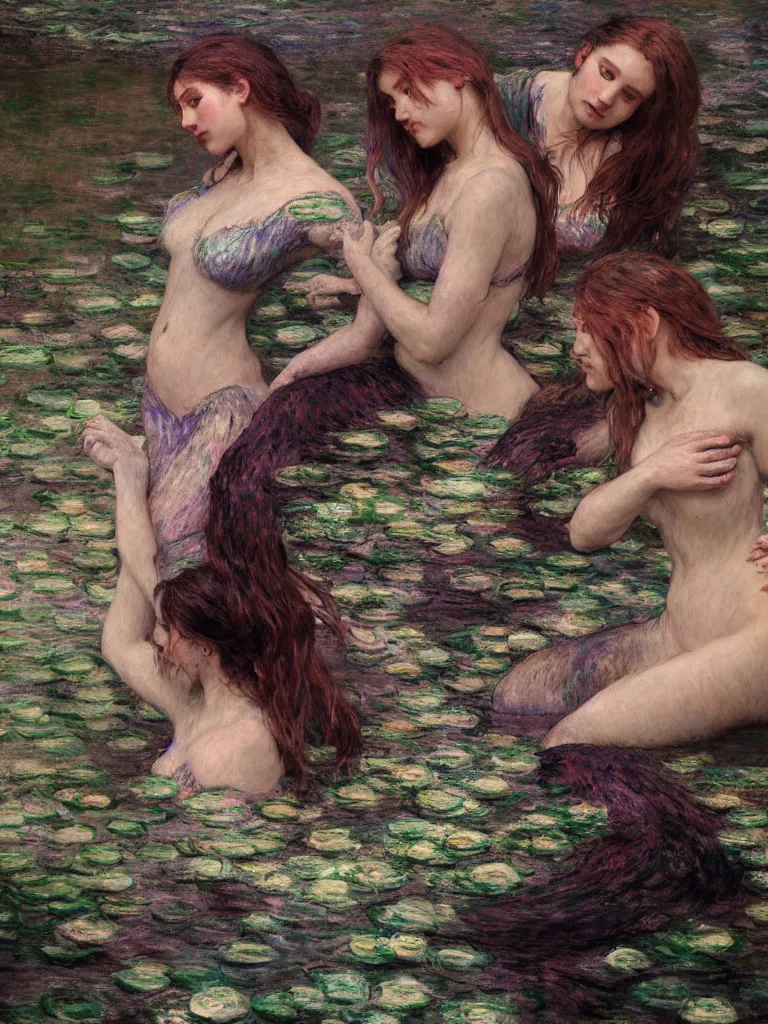 Image similar to illustration studio portrait of three dark beautiful woman bodies mermaids female energy in artistic poses in the river at the forest, monet painterly motives and textures pattern, hyper detailed, octane render, vivid colors, artstation, by jeremy mann, by alphonse mucha, by monet