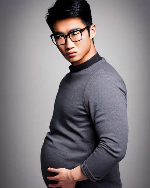 Prompt: Handsome!! young Asian male model showing off his large pregnant belly, highly detailed, chiseled jaw, clean shaven, wearing glasses, medium length black hair, studio photography