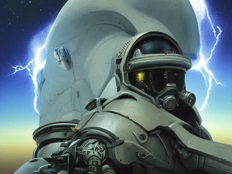 Image similar to a detailed profile painting of a bounty hunter in armour and visor, cinematic sci-fi poster. Spaceship high in the background. Flight suit, anatomy portrait symmetrical and science fiction theme with lightning, aurora lighting clouds and stars. Clean and minimal design by beksinski carl spitzweg and tuomas korpi. baroque elements. baroque element. intricate artwork by caravaggio. Oil painting. Trending on artstation. 8k