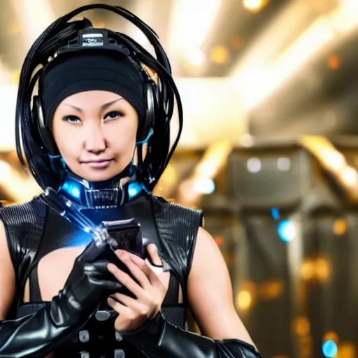 Prompt: photo of a female cyber ninja warrior with high tech weapons